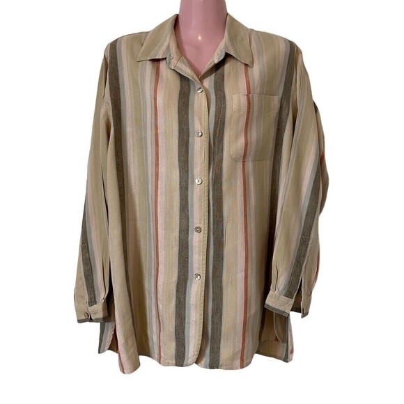Talbots Shirt Blouse Womens Size M Beige Stripe Linen Blend Button Up - Picture 1 of 4